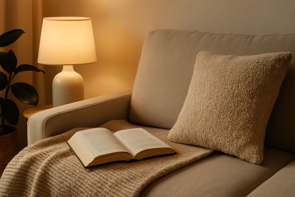 Miękka sofa z książką, kocem i lampką w nastrojowym świetle